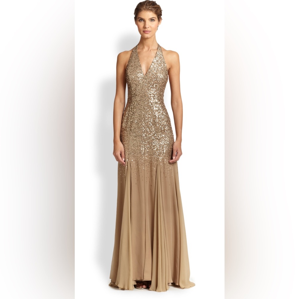 Halston Metallic Sequin Top Halter Gown
